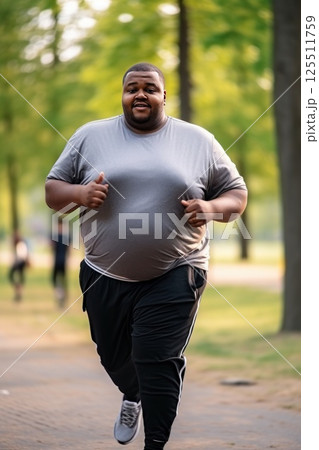 Young black man jogging through the empty city park. Be alone with yourself during your morning run and recharge your batteries for the whole day. Keeping fit and fat burning concept. Vertical photo 125511759