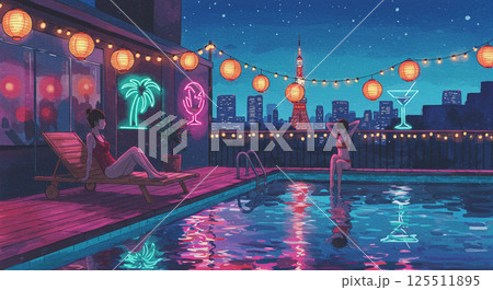 東京夜景と光彩あふれる屋上ナイトプール 125511895