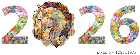Zentangle stylized number 2026 with horse. Hand Drawn lace vector illustration Zentangle stylized number 2026 with horse. Hand Drawn lace vector illustration 125511978