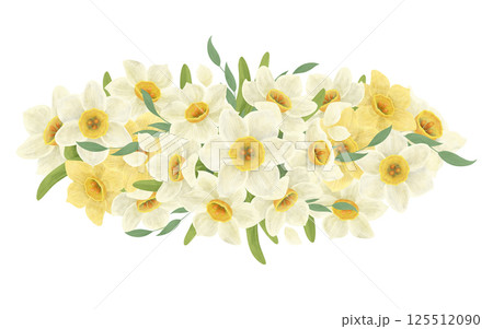 Floral arrangement of a bouquet of white and yellow daffodils, leaves, handmade digital illustration on a white background. An element for the design Floral arrangement of a bouquet of white and yellow daffodils, leaves, handmade digital illustration on a white background. An element for the design 125512090