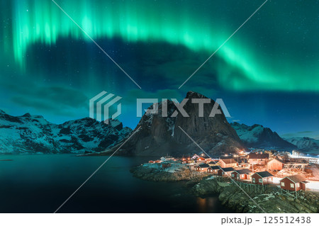 Aurora Borealis Over Hamnoy in Lofoten Island Aurora Borealis Over Hamnoy in Lofoten Island 125512438