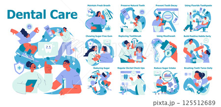 Dental Care illustration. Key practices for maintaining oral hygiene for all ages. Emphasizes healthy habits like regular dental visits, brushing, and using fluoride for lasting dental health. Vector 125512689