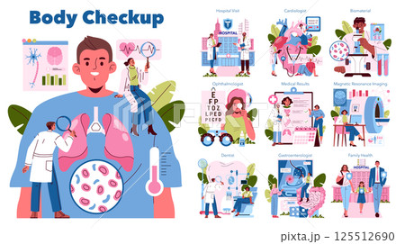 Body Checkup illustration. This design highlights various medical examinations and specialists. It features doctor-patient interactions and essential checkup elements. Promotes regular health Body Checkup illustration. This design highlights various medical examinations and specialists. It features doctor-patient interactions and essential checkup elements. Promotes regular health 125512690