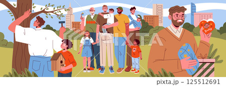 A vibrant scene of diverse individuals engaging in activities like gardening, art, and community projects A vibrant scene of diverse individuals engaging in activities like gardening, art, and community projects 125512691