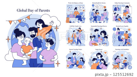 Global Day of Parents celebrates the diverse roles of parents. It highlights themes like work-life balance, mental health, inclusive family structures, and sustainable parenting practices within a 125512692