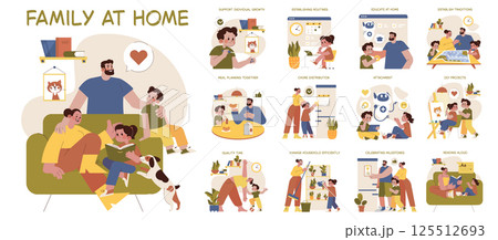 Family at home engaging in various activities that promote bonding and growth. Sharing quality moments through education, meal planning, chores, and creative projects. Celebrating connections and 125512693