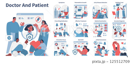 Doctor and Patient concept. This illustration showcases various aspects of healthcare interactions, including telemedicine, effective treatment, and patient care methods. The focus is on communication 125512709
