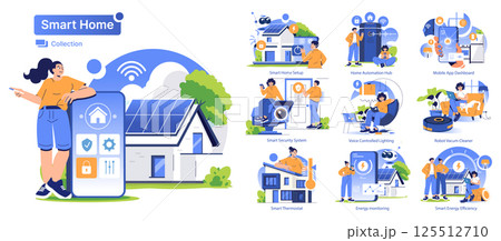 Smart Home Collection illustrates modern home automation concepts, showcasing innovative technologies for security, energy efficiency, and convenience. A seamless integration of smart devices enhances 125512710