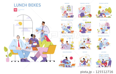 Lunch Boxes set. A collection showcasing the importance of nutritious meals and meal prep. Engaging visuals emphasize health, effective planning, and mindful eating practices. Vector illustration. Lunch Boxes set. A collection showcasing the importance of nutritious meals and meal prep. Engaging visuals emphasize health, effective planning, and mindful eating practices. Vector illustration. 125512716