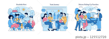 Travel illustrations capturing moments on the road. People enjoy roadside rest, train journeys, and drivers picking up travelers. Diverse interactions create a sense of connection in various travel Travel illustrations capturing moments on the road. People enjoy roadside rest, train journeys, and drivers picking up travelers. Diverse interactions create a sense of connection in various travel 125512720