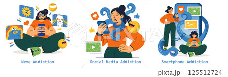 Brain Rot concept. Explores the impact of digital addiction on daily life through humorous illustrations. Highlights meme, social media, and smartphone addiction in contemporary society. Vector Brain Rot concept. Explores the impact of digital addiction on daily life through humorous illustrations. Highlights meme, social media, and smartphone addiction in contemporary society. Vector 125512724