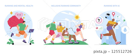 World Running Day set. Runners with diverse backgrounds celebrate fitness, mental health benefits and community. Running events connect people globally, digital technology tracks progress. Vector World Running Day set. Runners with diverse backgrounds celebrate fitness, mental health benefits and community. Running events connect people globally, digital technology tracks progress. Vector 125512726