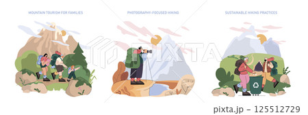 Mountain Tourism set. Families exploring scenic trails, hikers capturing nature photography and tourists practicing eco-friendly hiking in mountain landscapes reflect outdoor travel experience. Vector 125512729