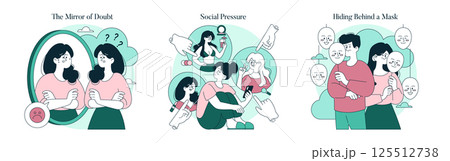 Psychology Of Self Acceptance set. Overcoming self-doubt, resisting social pressure, and removing emotional masks help build authentic self-worth and mental well-being. Vector illustration. Psychology Of Self Acceptance set. Overcoming self-doubt, resisting social pressure, and removing emotional masks help build authentic self-worth and mental well-being. Vector illustration. 125512738