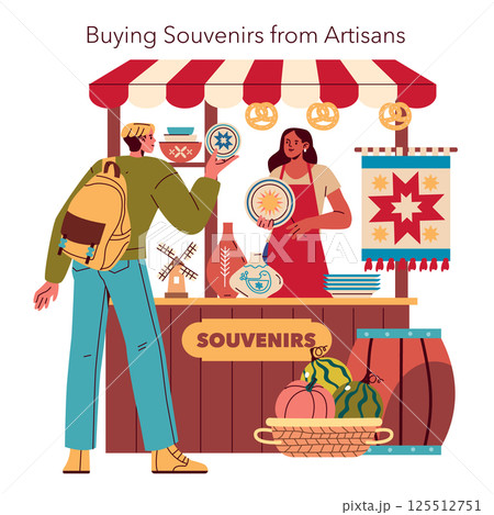 Slow travel experience of purchasing handmade souvenirs from local artisans. The interaction promotes cultural appreciation and supports local economies while highlighting unique craftsmanship and Slow travel experience of purchasing handmade souvenirs from local artisans. The interaction promotes cultural appreciation and supports local economies while highlighting unique craftsmanship and 125512751