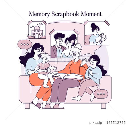 Family members gathered on a couch, reminiscing over a scrapbook filled with memories. A joyful scene illustrating connection, love, and cherished moments shared among generations. Vector illustration 125512755