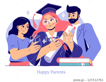 Celebration of graduation featuring proud parents with their child holding a diploma. Joyful atmosphere showcasing a significant milestone in education. Family bond emphasized through supportive 125512761