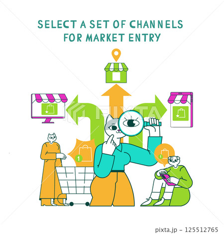 Marketing tools and strategies for effective market entry selection. Visual focuses on analyzing channel options and understanding consumer behavior while engaging in shopping. Vector illustration. 125512765
