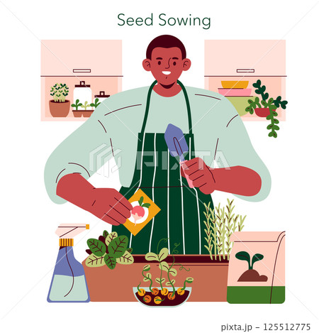 Mini Farms concept. A gardener is engaged in seed sowing, promoting sustainable agriculture in small spaces. Home gardening encourages healthy eating and environmental awareness. Vector illustration. 125512775