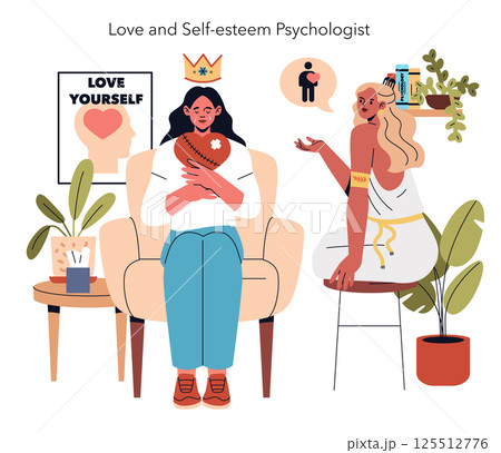 Psychotherapy scene focusing on love and self-esteem. A confident psychologist guides a client in a cozy setting. Emotions, self-acceptance, healing, and connection are emphasized. Vector illustration 125512776