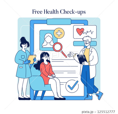 A lively illustration of healthcare workers offering free health checkups and interacting with patients 125512777