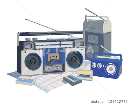 レトロな カセット テープ プレーヤーとラジオのイラスト 青 125512782