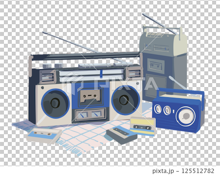 レトロな カセット テープ プレーヤーとラジオのイラスト 青 125512782