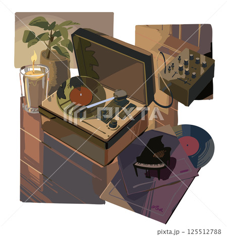 夜の暗い部屋に置かれたレコードプレイヤー 125512788