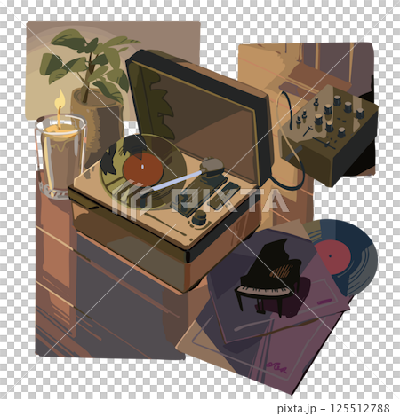 夜の暗い部屋に置かれたレコードプレイヤー 125512788
