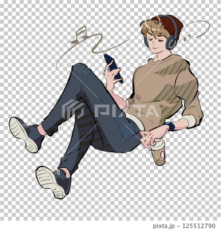 一位男士戴著耳機聽音樂的插圖長袖秋冬 一位男士戴著耳機聽音樂的插圖長袖秋冬 125512790