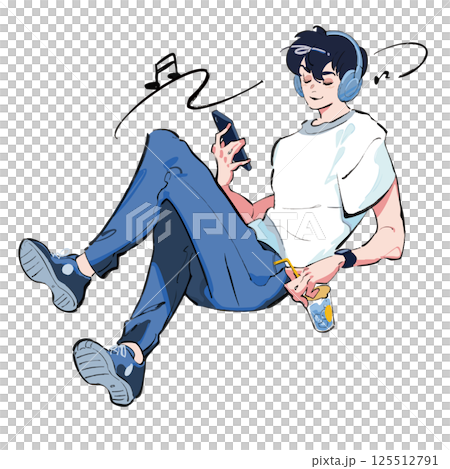 ヘッドフォンで音楽を聴いている男性のイラスト　半袖　夏服 125512791