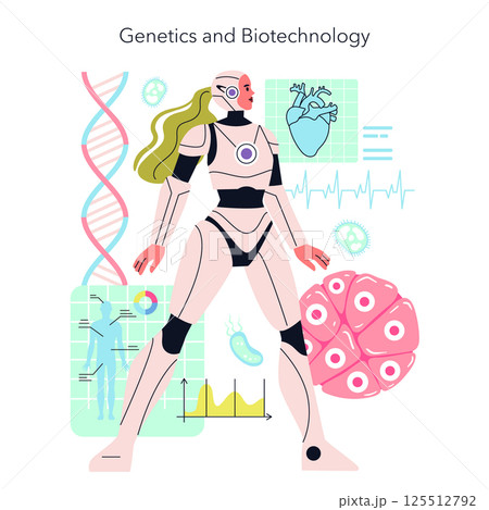 Genetics and biotechnology explore the intersection of science and technology. This illustration shows advancements in health, genetic research, and the future of human enhancement. Vector 125512792