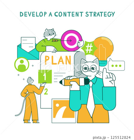 Marketing tools in action for effective content strategy development. Featuring a cat and diverse elements representing planning and creativity in a professional setting. Vector illustration. 125512824