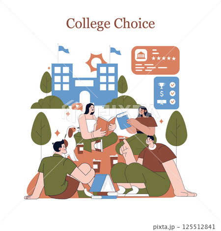 A vibrant and lively scene of students enthusiastically discussing their college choices while outdoors A vibrant and lively scene of students enthusiastically discussing their college choices while outdoors 125512841