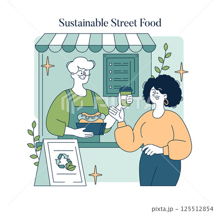 Sustainable street food promotes eco-friendly practices within the food industry. Vendors engage with customers, offering delicious meals while prioritizing waste reduction and responsible sourcing 125512854