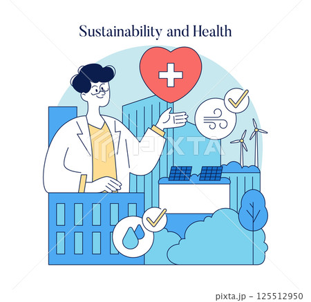 World Health Day fosters awareness of the connection between sustainability and health. The illustration features a healthcare professional promoting eco-friendly practices for better living. World Health Day fosters awareness of the connection between sustainability and health. The illustration features a healthcare professional promoting eco-friendly practices for better living. 125512950