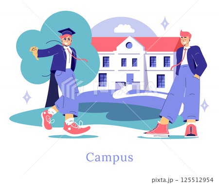 College choice and campus life are significant milestones for students. The illustration captures graduation excitement, showcasing students ready to embrace new opportunities on campus. Vector 125512954