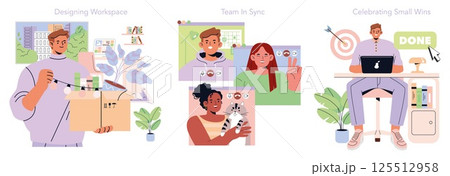 Tomorrow Work set. Modern workplace trends feature setting up inviting workspaces, remote team collaboration via video calls, and recognizing achievements with digital rewards. Vector illustration. 125512958