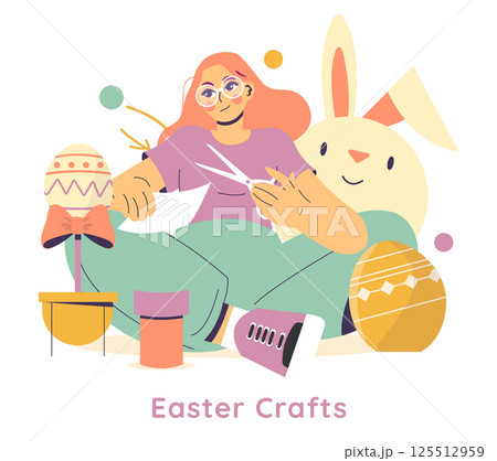 Easter crafts concept. Young woman creating festive decorations and colorful eggs at home preparing for holiday celebration in cozy atmosphere with bunny toy nearby. Vector illustration Easter crafts concept. Young woman creating festive decorations and colorful eggs at home preparing for holiday celebration in cozy atmosphere with bunny toy nearby. Vector illustration 125512959