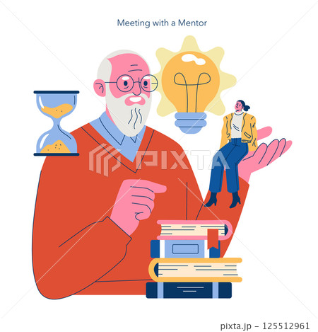 The illustration depicts a mentor guiding a young individual in a productive meeting setting. Elements like an hourglass and a light bulb symbolize the passage of time and innovative ideas. The scene The illustration depicts a mentor guiding a young individual in a productive meeting setting. Elements like an hourglass and a light bulb symbolize the passage of time and innovative ideas. The scene 125512961