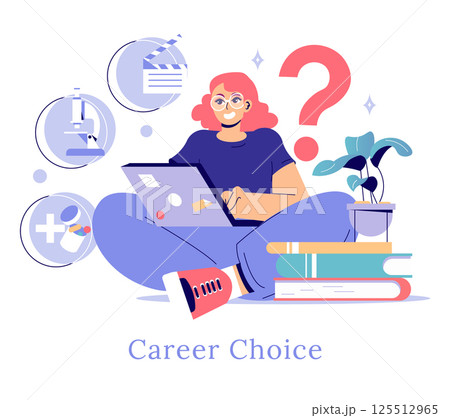 Career choice exploration. A student considers various career paths represented by icons like a microscope and film clapper. A thoughtful atmosphere for decision-making and academic focus. Vector 125512965