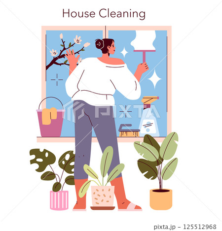 House cleaning illustration captures a woman washing a window, surrounded by plants in bright spring settings. This scene symbolizes renewal and the joy of fresh beginnings in the home. 125512968