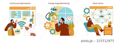 AI Home concept. Illustrating continuous optimization, energy usage monitoring, and smart home features for enhanced living. This design emphasizes modern technology transforming home environments AI Home concept. Illustrating continuous optimization, energy usage monitoring, and smart home features for enhanced living. This design emphasizes modern technology transforming home environments 125512975