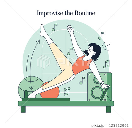 Pilates workout concept showing a woman performing an exercise with joy and rhythm on a reformer. The setting includes exercise balls and speakers, highlighting a fun, engaging atmosphere for fitness. 125512991