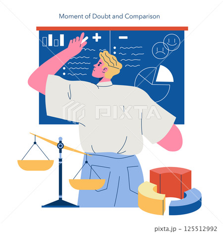 Moment of Doubt and Comparison illustration. A person analyzes data on a board, contemplating decisions with scales and charts positioned around them. They embody the struggle of weighing options Moment of Doubt and Comparison illustration. A person analyzes data on a board, contemplating decisions with scales and charts positioned around them. They embody the struggle of weighing options 125512992