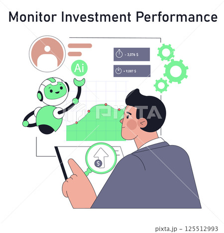 Robot adviser assists with investment performance monitoring. The user views financial data, charts, and insights while engaging with AI technology for informed decision-making and financial 125512993