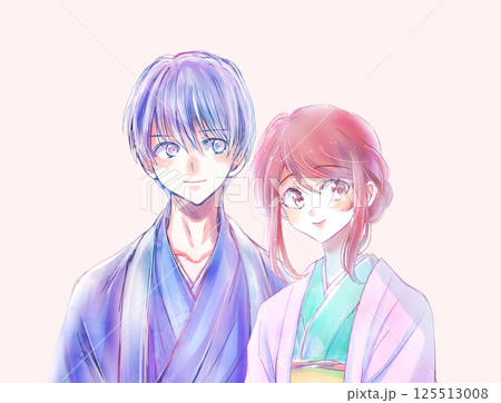 寄り添う着物を着た男女　バストアップ 125513008