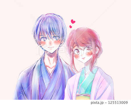 寄り添う着物を着た男女 恋愛 寄り添う着物を着た男女 恋愛 125513009