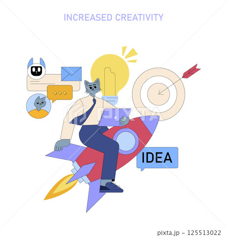 AI Boosts Mid Sized Business Productivity set. Illustration shows AI aiding a businessman with creativity and efficiency. AI robot, idea lightbulb, business targets. Vector illustration. 125513022