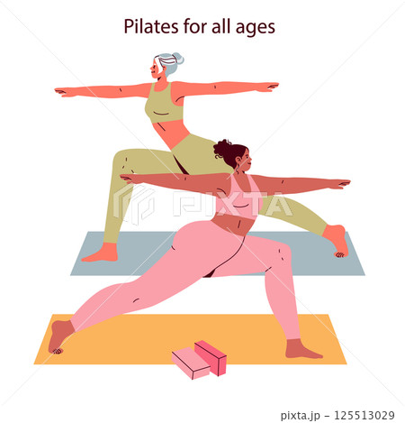 This illustration presents a welcoming scene of two women practicing Pilates, showcasing exercises suitable for all ages. The environment emphasizes inclusivity and the joy of physical fitness. This illustration presents a welcoming scene of two women practicing Pilates, showcasing exercises suitable for all ages. The environment emphasizes inclusivity and the joy of physical fitness. 125513029